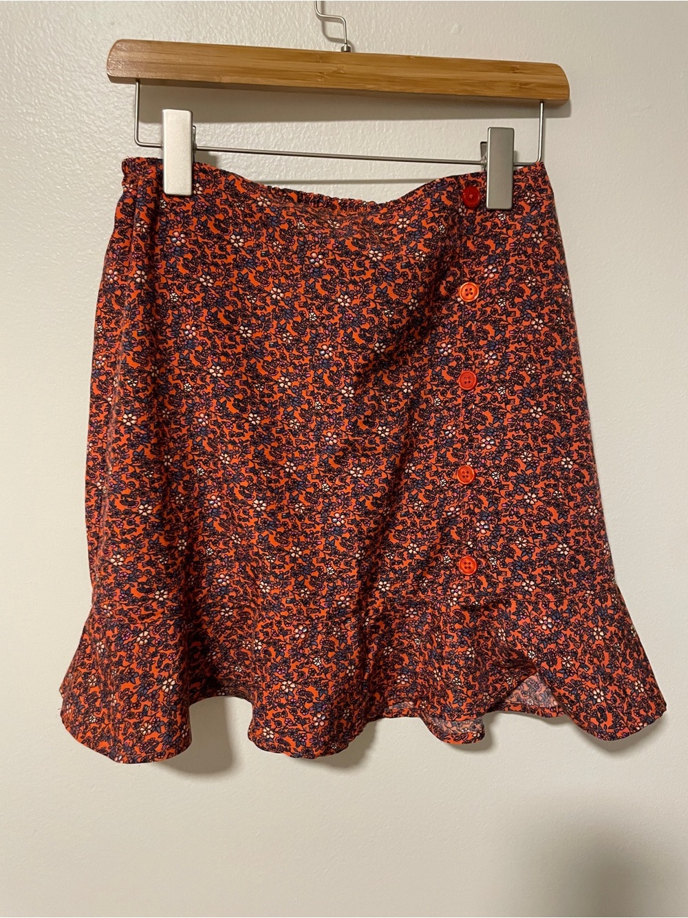 Women’s Floral Ruffle Hem Skirt Short Terracotta Elastic stretch back buttons